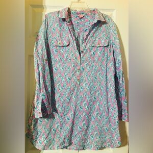 Lilly Pulitzer Patterned Button Tunic Shirt in Teal Pink Shells Large